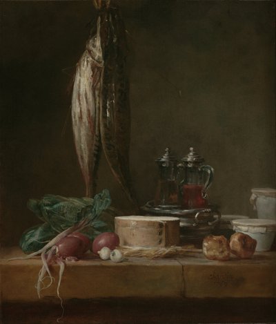 Stillleben mit Fisch, Gemüse, Gougères, Töpfen und Karaffen auf einem Tisch von Jean Baptiste Simeon Chardin